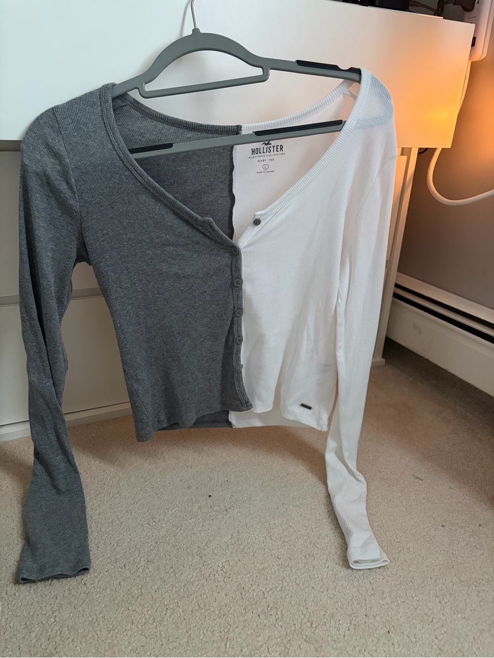 Hollister Two-Tone Gray and White Ribbed Button-Front Top
